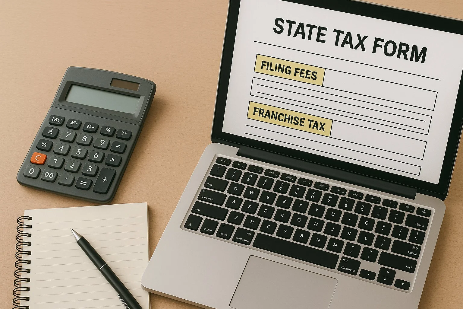 Laptop displaying a state tax form with highlighted sections for filing fees, franchise tax, and sales tax, beside a calculator and notepad.
