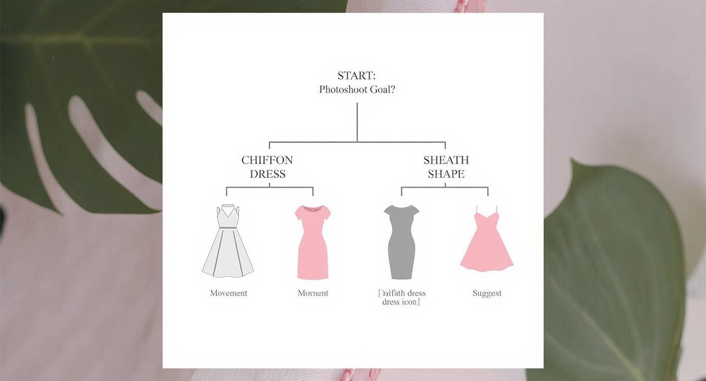 Flowchart outlining photoshoot goals, categorizing chiffon and sheath dress types with visual examples.