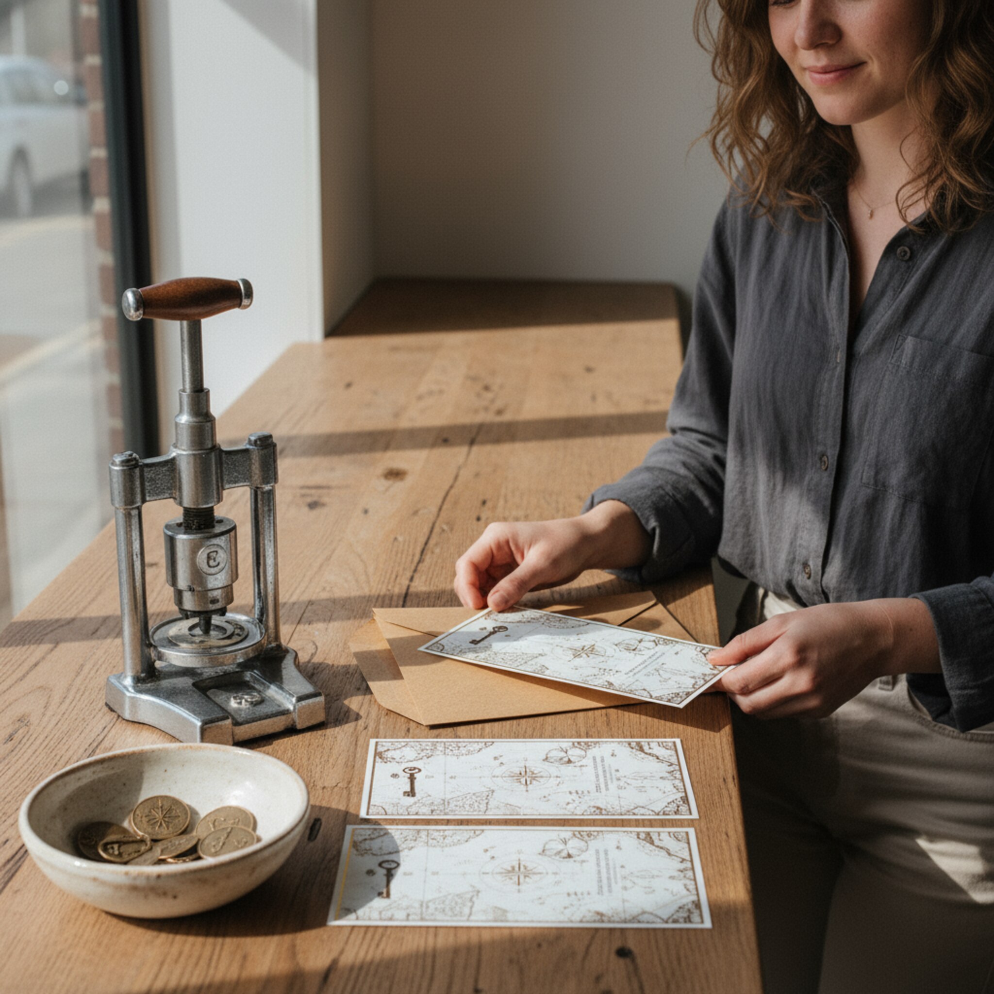 Auf einem Tresen liegen elegant gestaltete Wertgutscheine neben einer kleinen Prägezange. Ein Gast wählt eine Karte und steckt sie in einen Umschlag. Daneben eine Schale mit Metallmünzen als thematische Deko. Warmes Licht, ein Moment stiller Vorfreude.