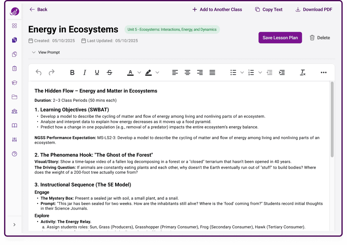 A digital lesson plan interface titled "Energy in Ecosystems" displays detailed instructions and activities, including topics like energy flow and the cycling of matter in ecosystems with features for editing and saving.