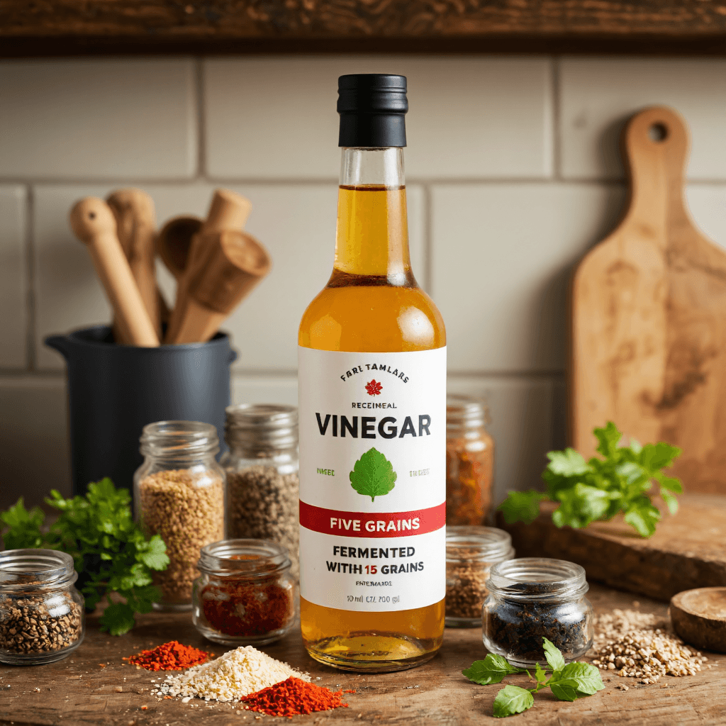 product photography of a bottle of vinegar fermented with five grains