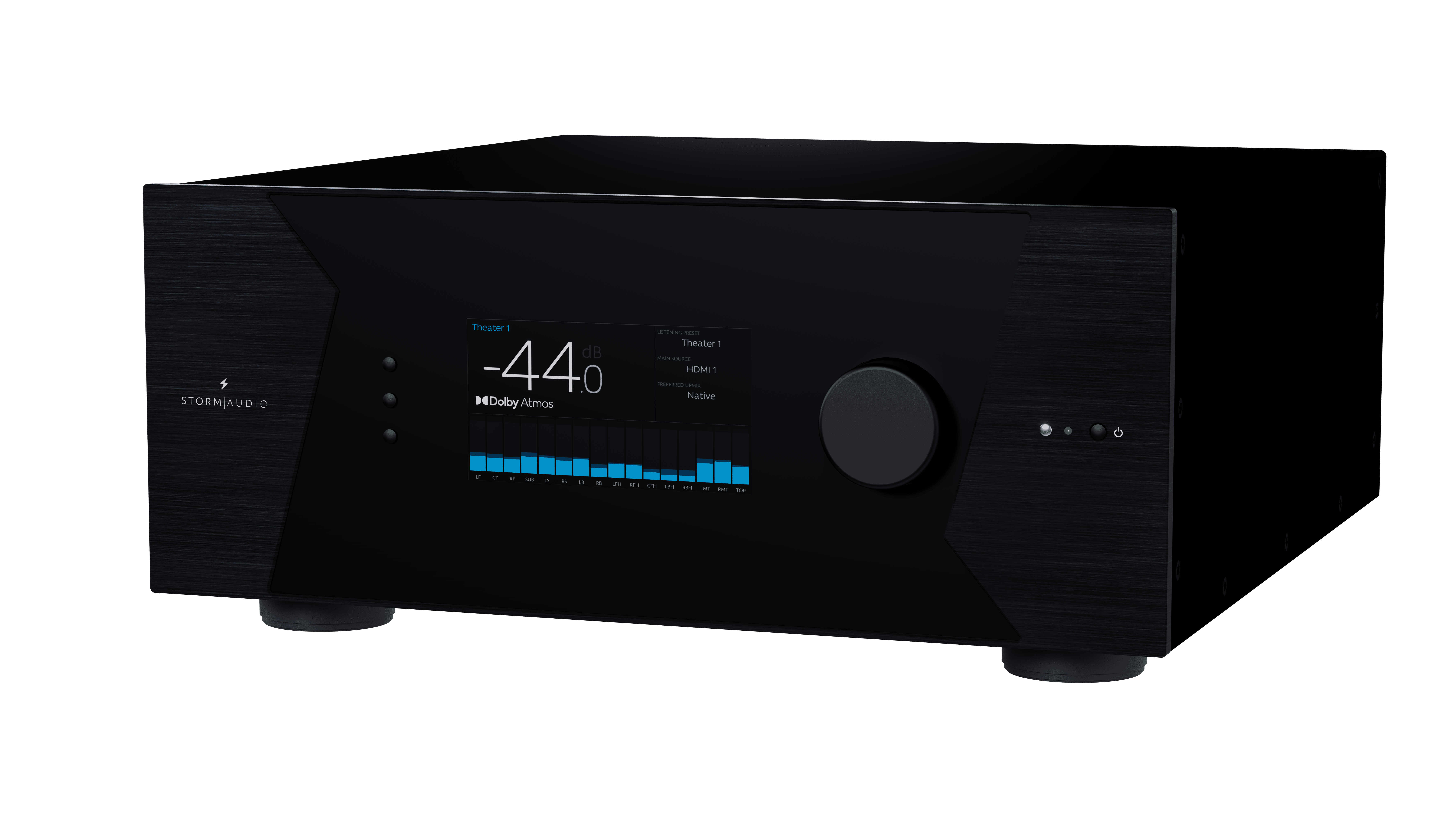 StormAudio receiver with Dolby Atmos and equalizer display