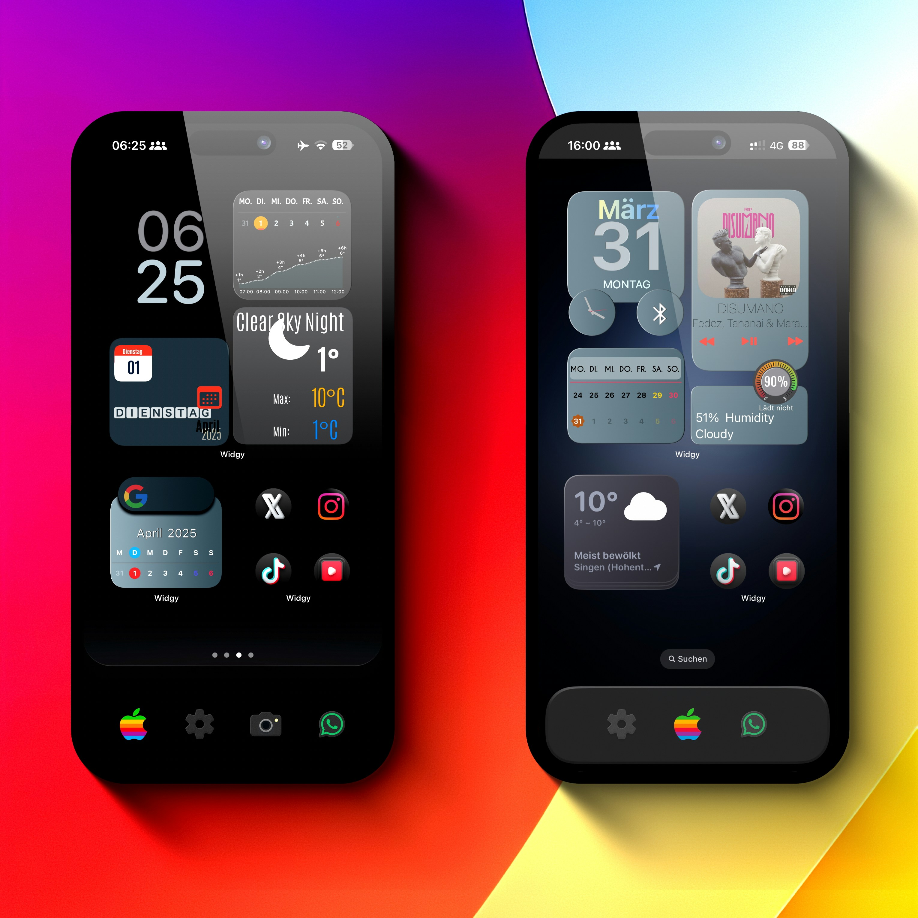 Two stylized iphones with custom home screens.