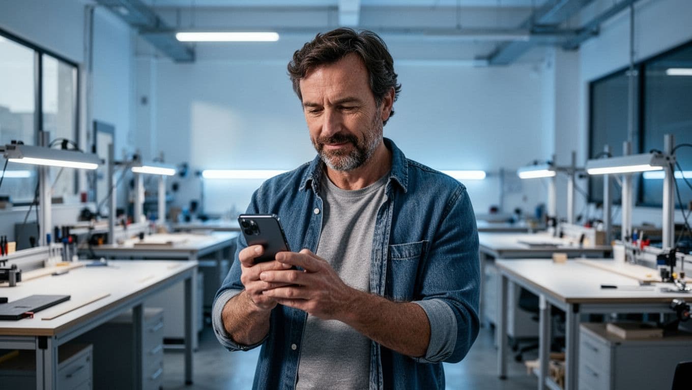 A focused individual holds a sleek smartphone within a sunlit workshop, with vibrant blue tones highlighting the screen. The scene emphasizes digital engagement during a professional customer service interaction.