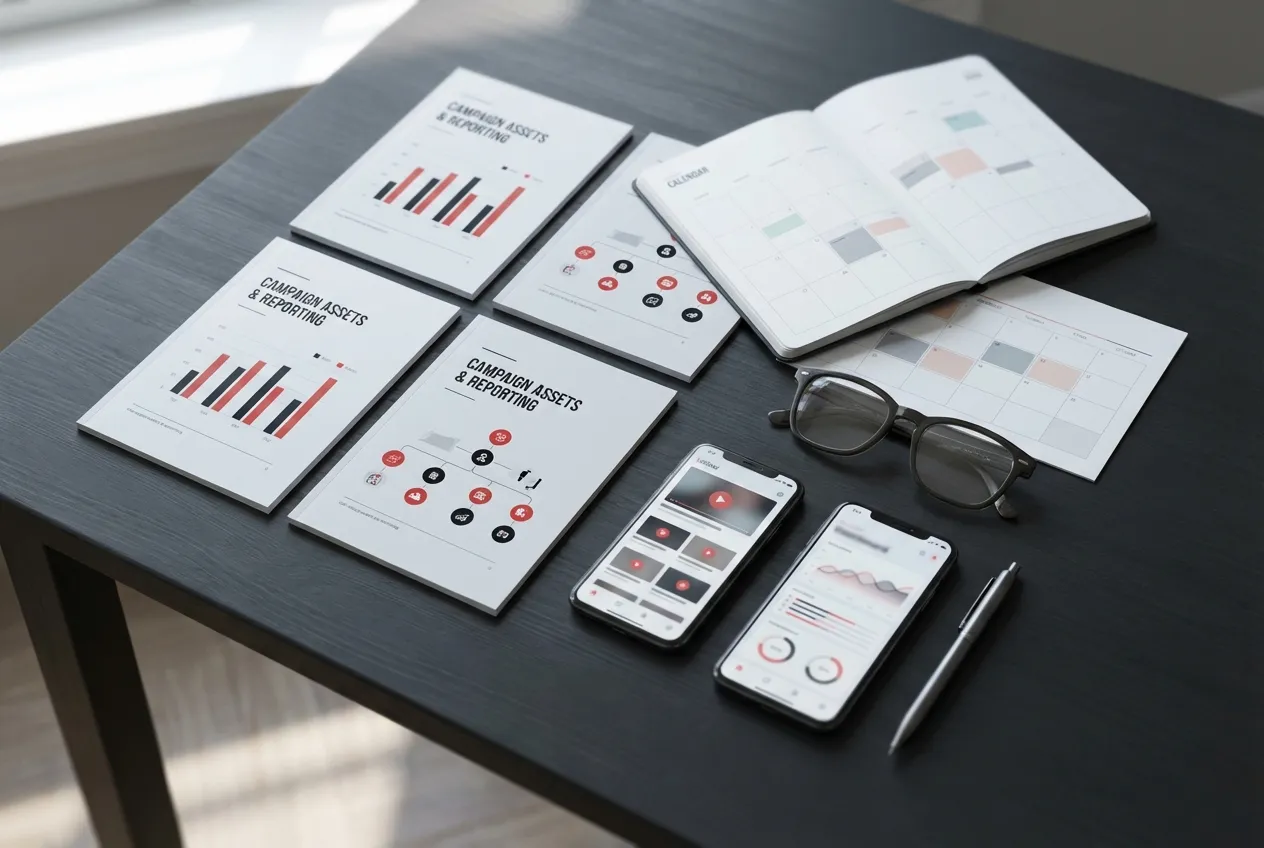 RockN' Socials digital marketing agency desk with reports, phone, glasses.