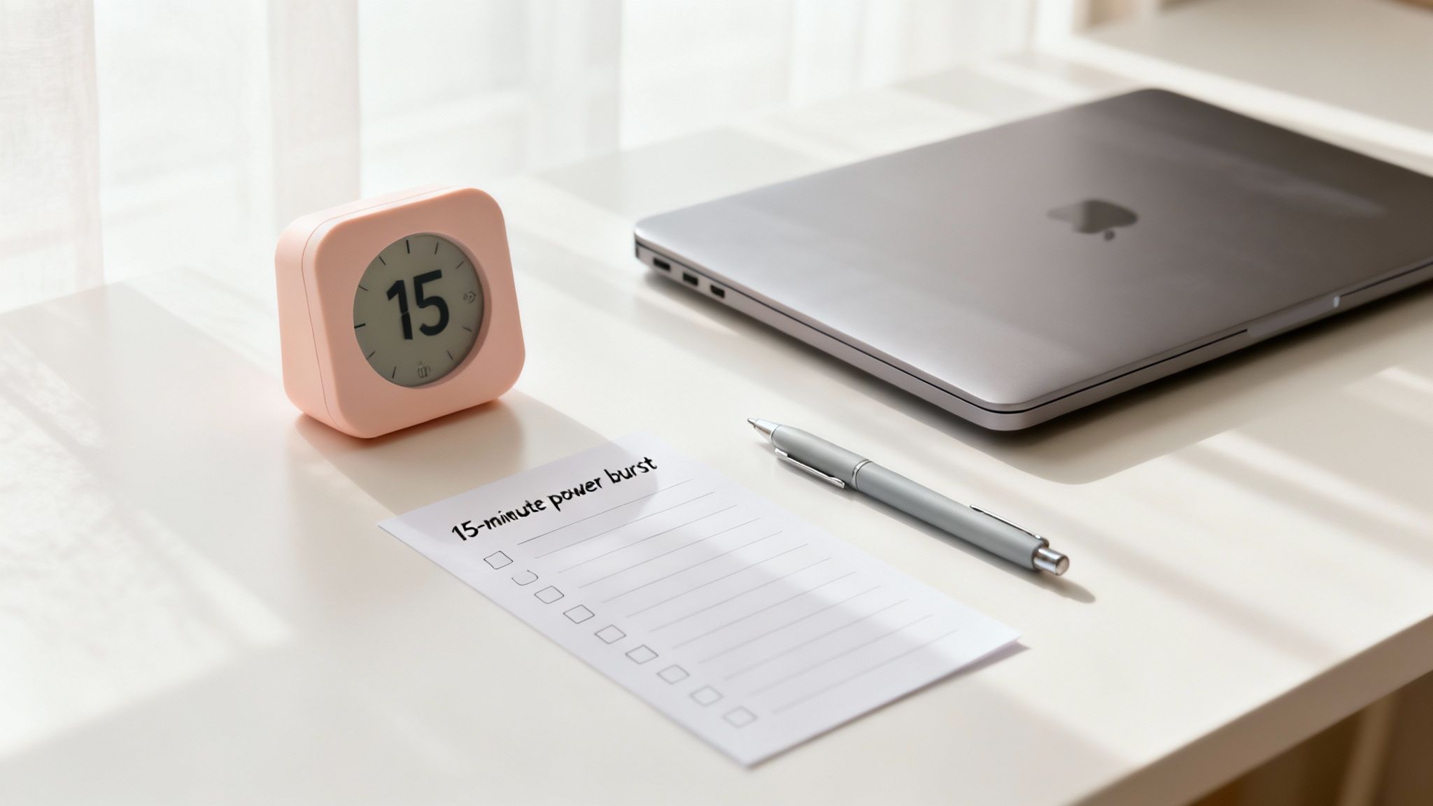 A person choosing between a physical visual timer and a digital one on a laptop.