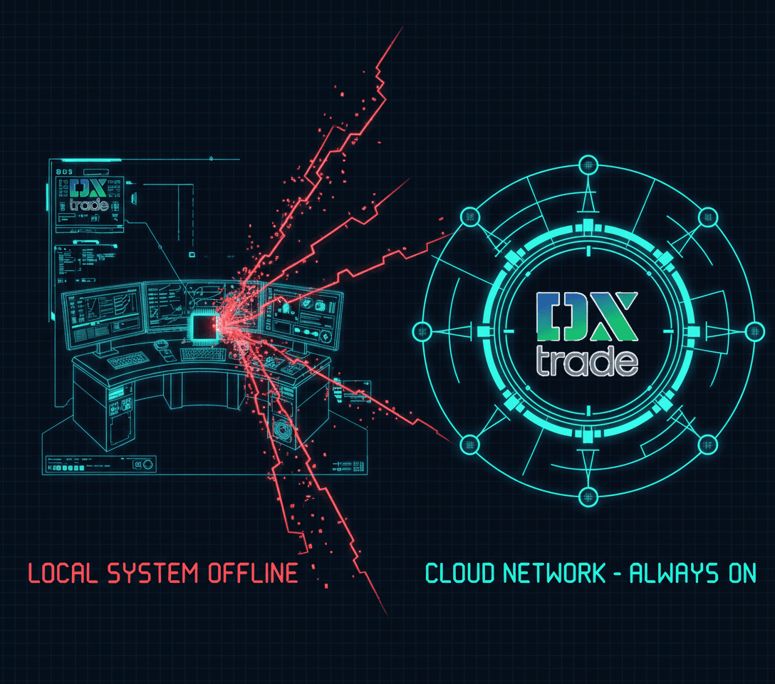 Illustration showing a disrupted home trading setup vs. resilient cloud trading hub