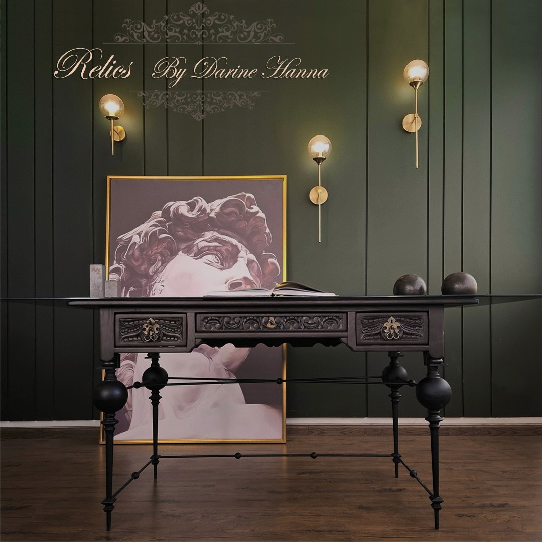 Signature Relics by Darine Hanna desk with ornate carvings and glass top – modern collectible
