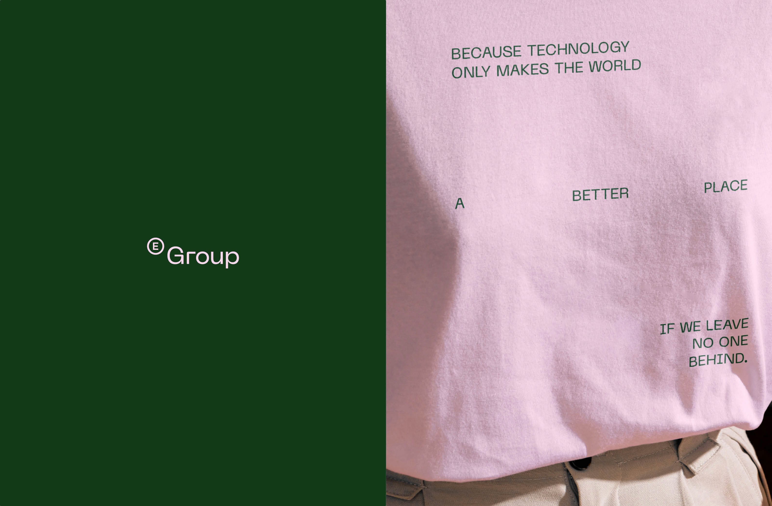 ExpressGroup branding with green logo panel and pink t-shirt featuring their inclusive technology mission statement.