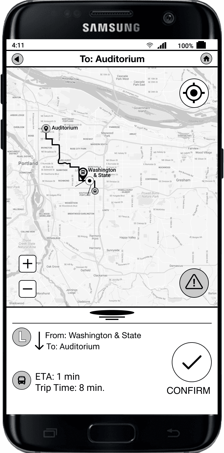 A wireframe of a mobile transport app's screen showing realtime bus tracking