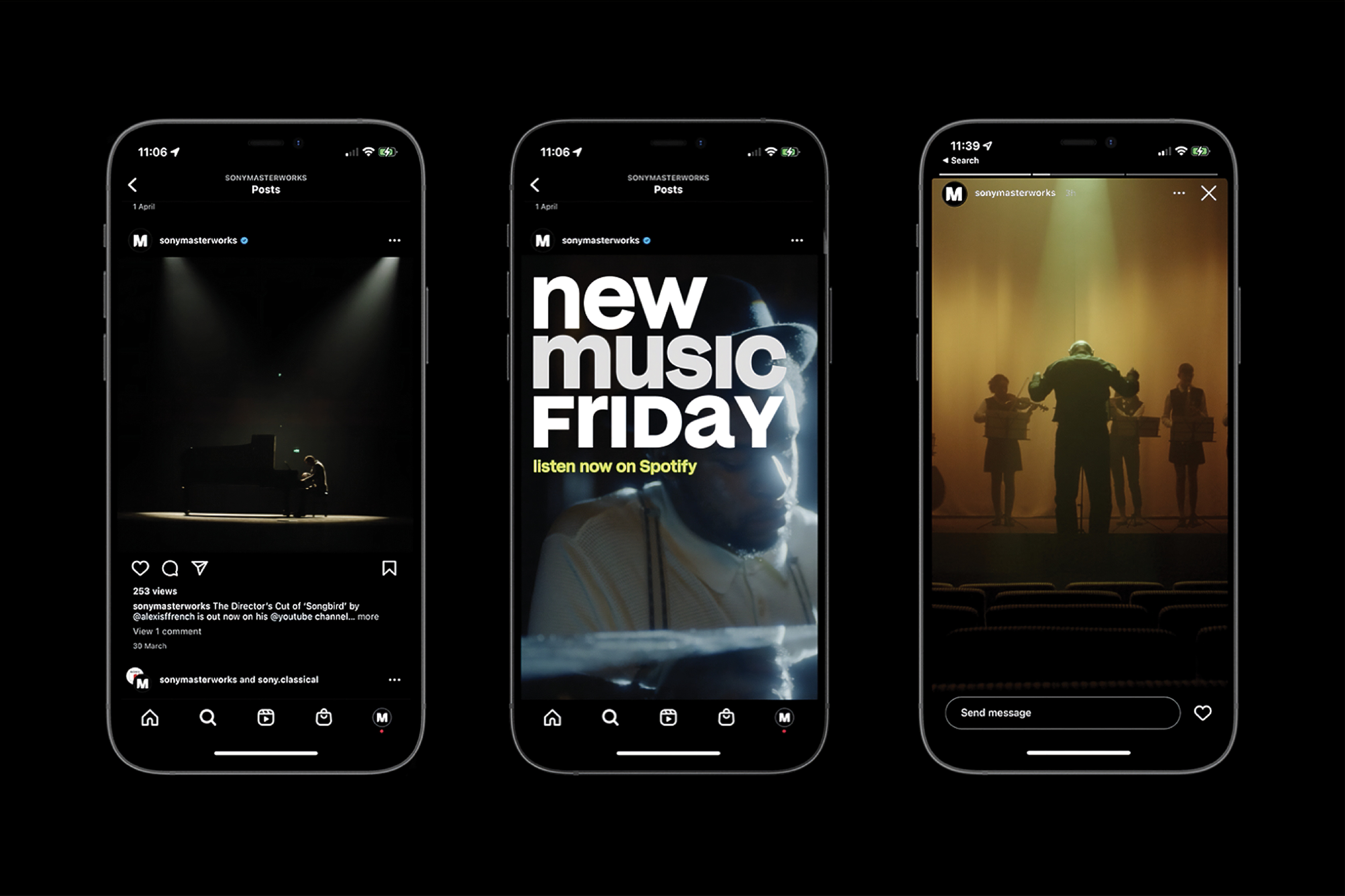 Three smartphone screens displaying different app interfaces, featuring dark themes and engaging visuals.