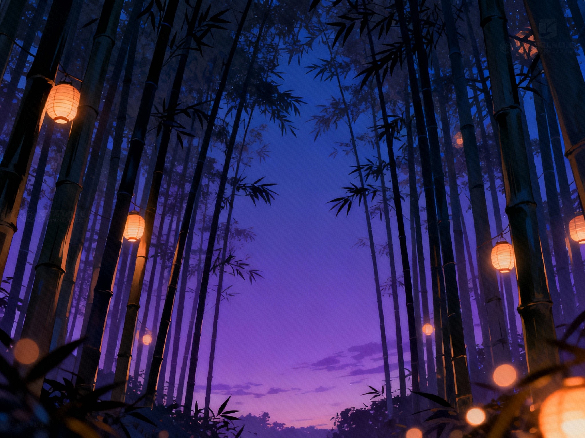 A mystical bamboo garden at twilight portrayed in a wide landscape frame, where slender bamboo