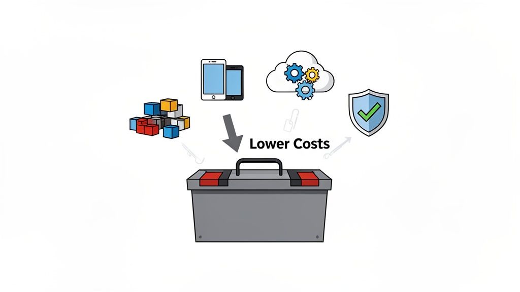 Illustration of blocks, mobile devices, cloud, and security leading to a toolbox for lower costs.