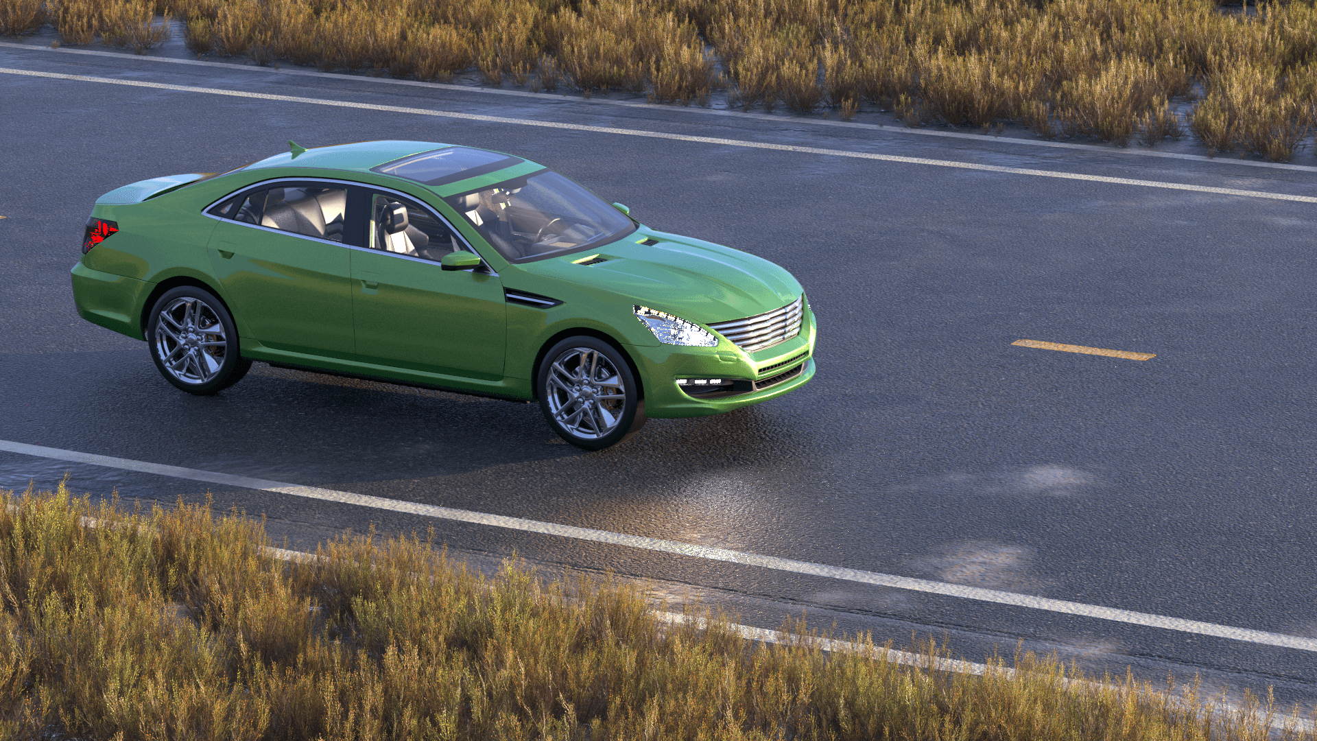 3D rendered green sedan driving on a highway aerial view representing the automotive industry use case in the PTC digital transformation PLM web experience