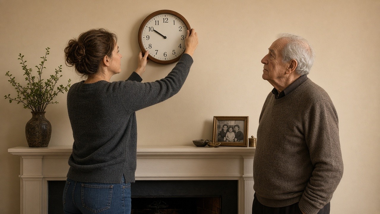 The image depicts a middle-aged woman adjusting a round, wall-mounted clock above a mantel. She is dressed in a dark gray sweater and blue jeans, and her hair is tied back. An elderly man with gray hair, also in a brown sweater, stands to her right observing the clock. The mantel below the clock features decorative items including a small framed black-and-white photograph of three people, a small container, and two small dishes. A vase with green leafy branches is placed on the left side of the mantel. The neutral beige wall and traditional decor create a warm, homely atmosphere. The scene suggests an interaction in a domestic setting, possibly involving assistance with orientation or time management, relevant in contexts such as dementia care or elder support.