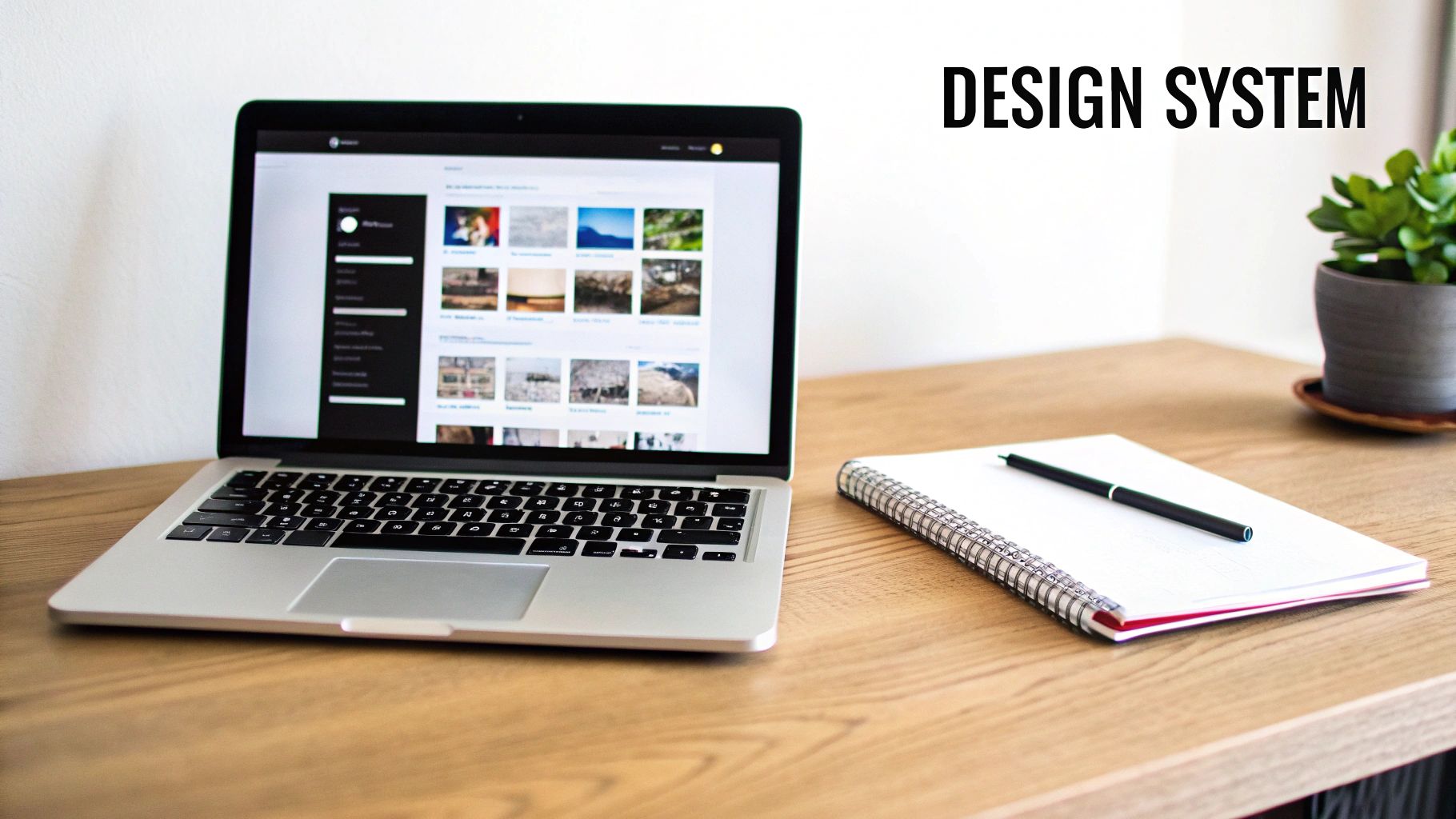 Laptop displaying design system interface on wooden desk with notebook and pen workspace