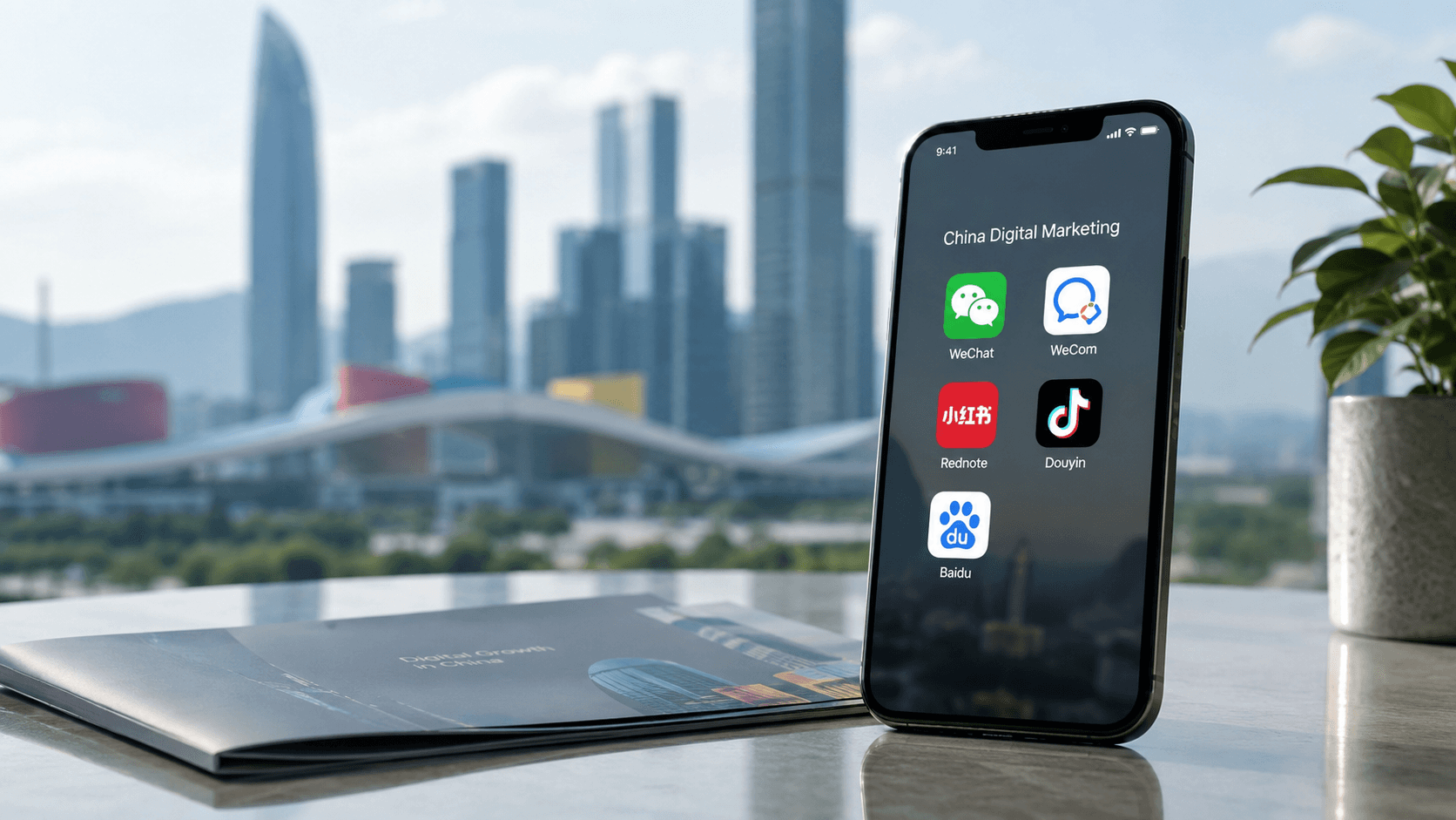 Smartphone displaying Chinese digital marketing apps including WeChat, WeCom, Rednote, Douyin, and Baidu, with a blurred modern China skyline in the background.