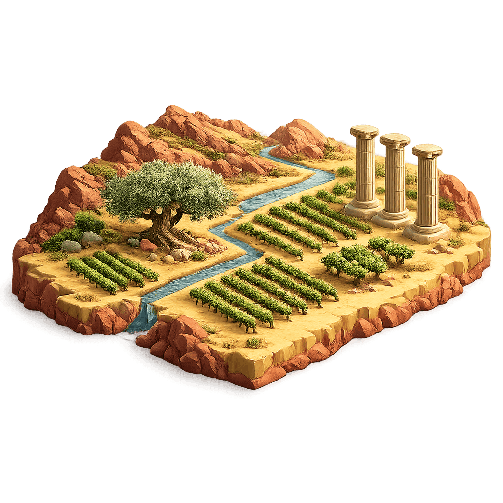 Artistic illustration of the Nemea wine region.