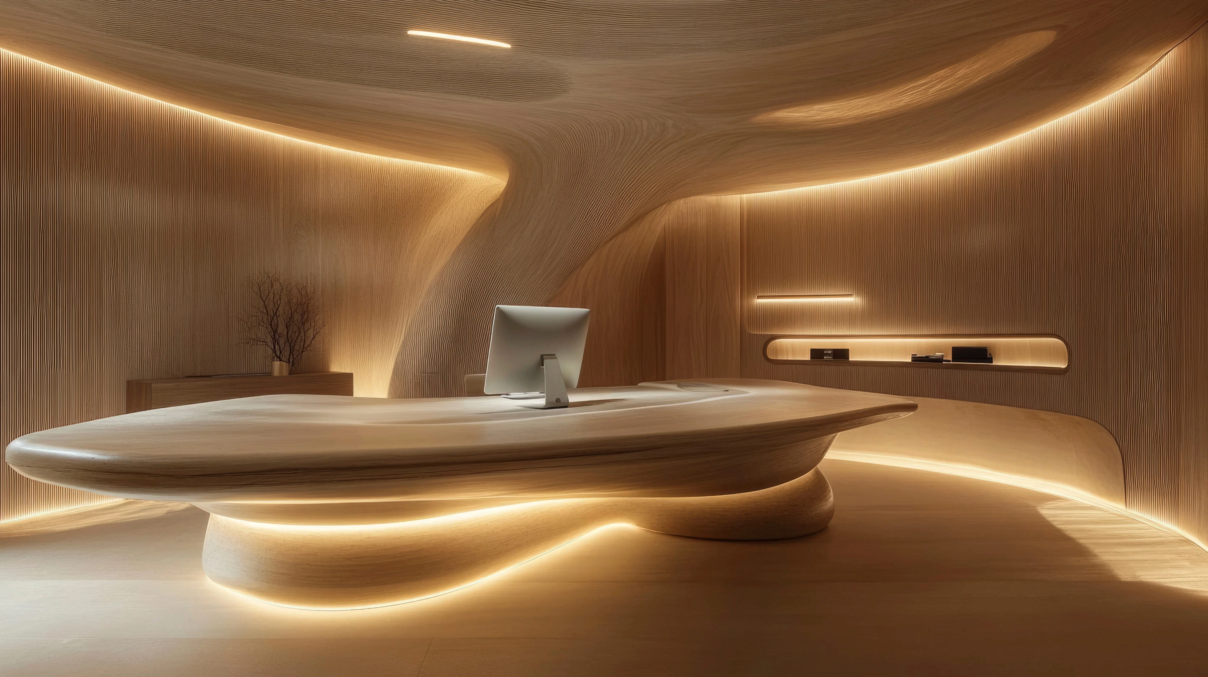 Modern futuristic interior with organic curved architecture and warm indirect LED cove lighting.