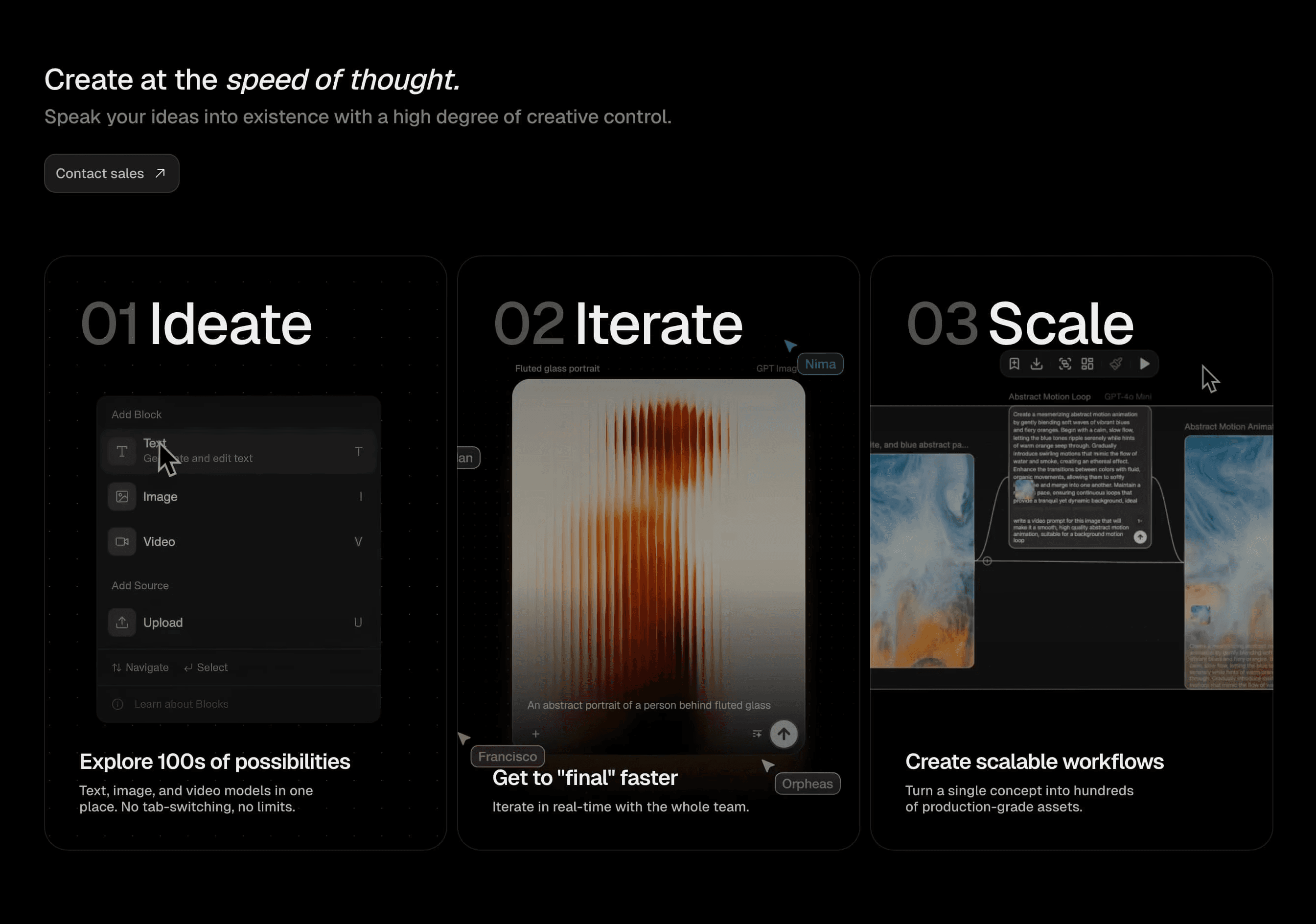 FLORA product workflow showing the Ideate, Iterate, and Scale stages