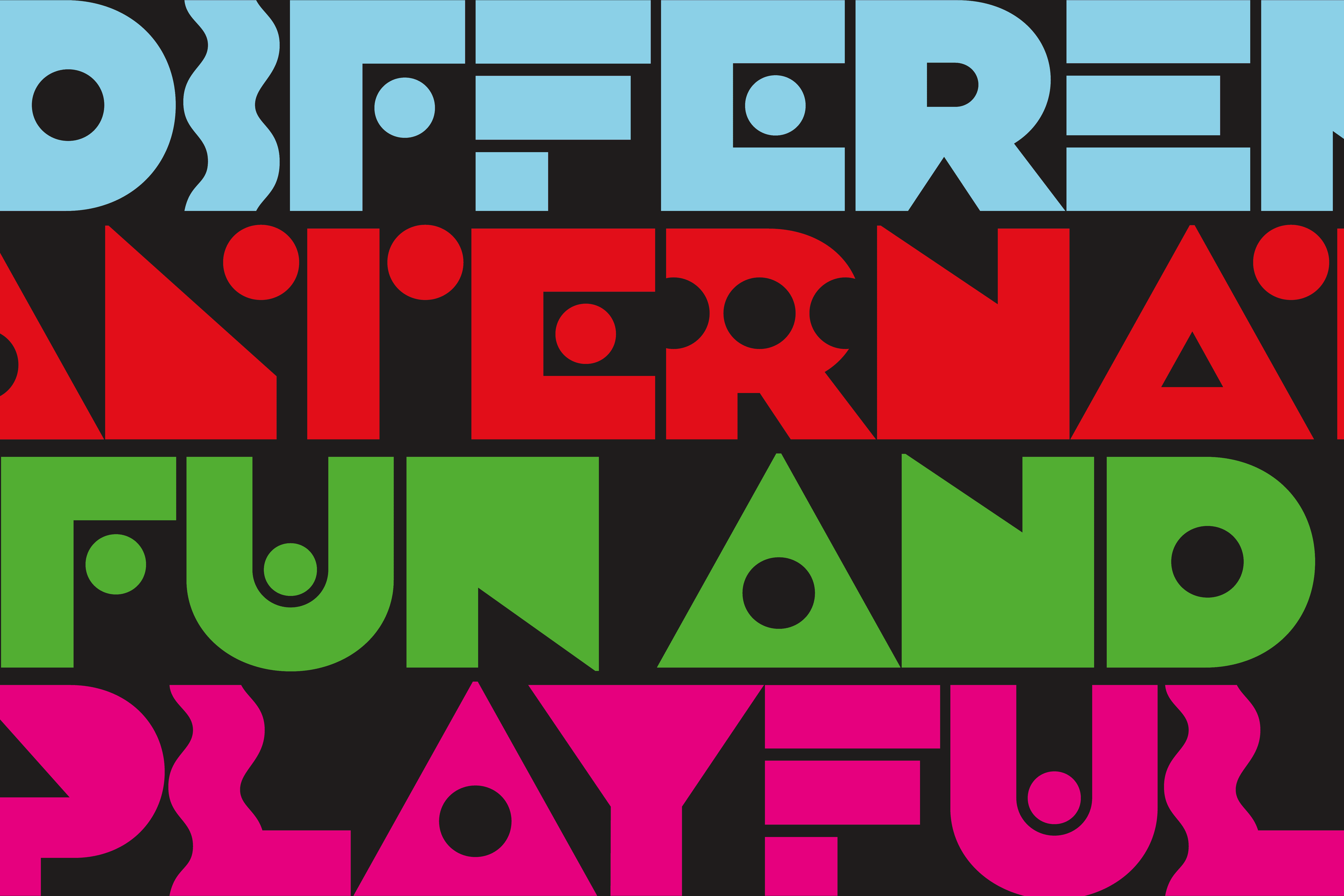 Text in vibrant colors reads: "Different Antenna Fun and Playful" on a black background.