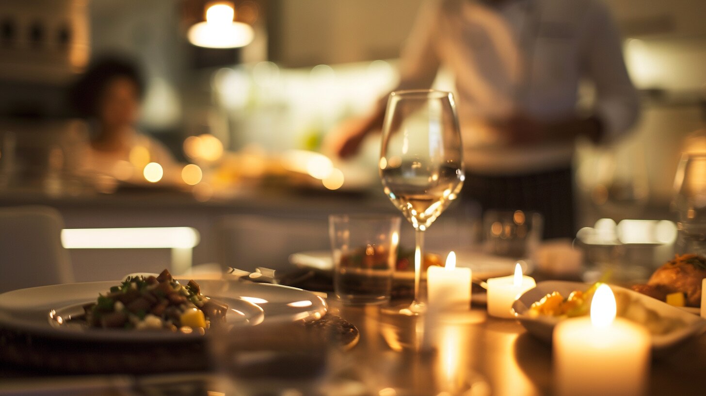 Elegant private dining scene in a Houston home with candlelight, fine china, and a chef presenting dishes in warm golden light.