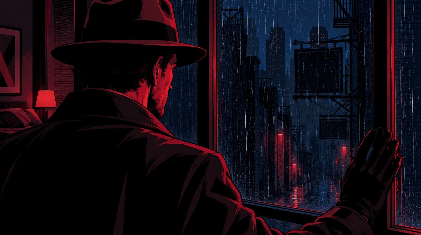 Over Kessler's shoulder through the rain-streaked window toward the dark, unlit sign