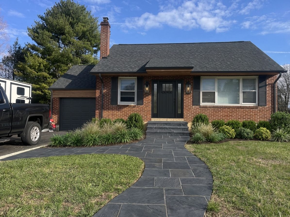 Modern craftsman exterior with dark roof, black door, and layered landscaping