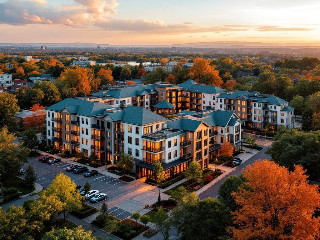 Aerial view of a luxury apartment building during sunset in autumn.