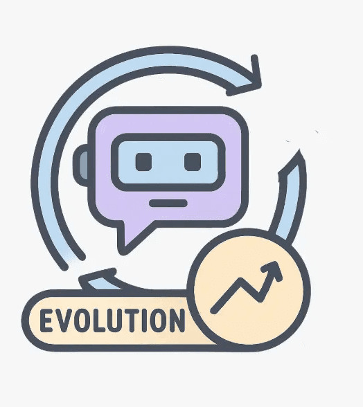 Icône flat design représentant l’évolution et l’apprentissage continu d’un chatbot avec bulle, flèche circulaire et courbe de progression