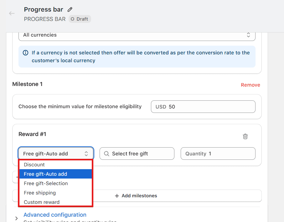 adding reward milestones on the shopify tiered progress bar using Monk