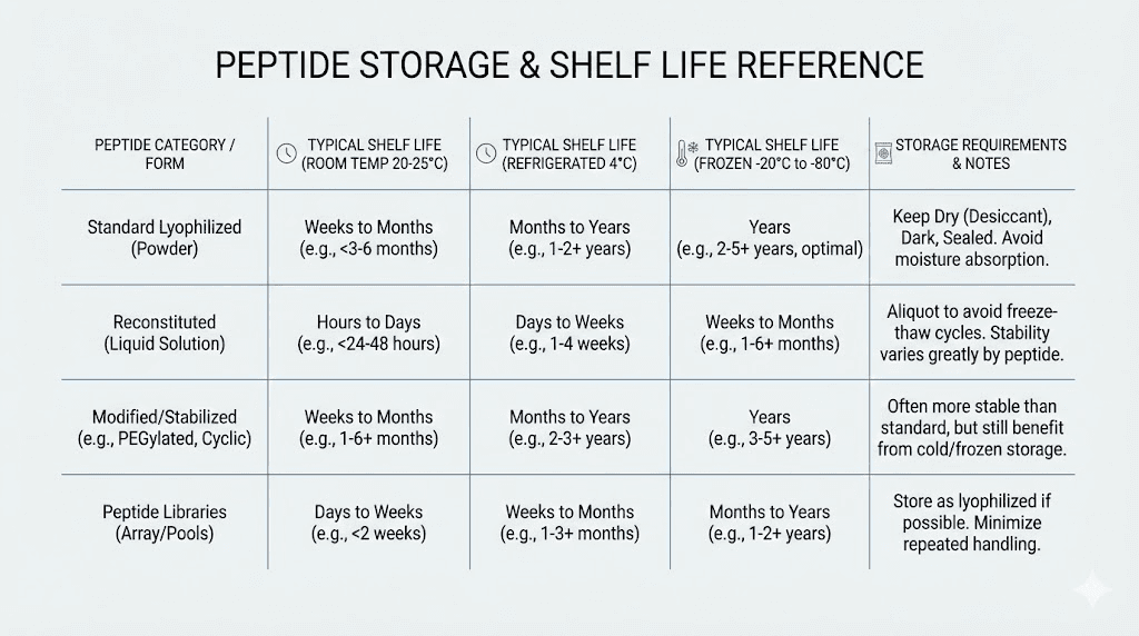 Peptide shelf life by category reference table showing storage requirements
