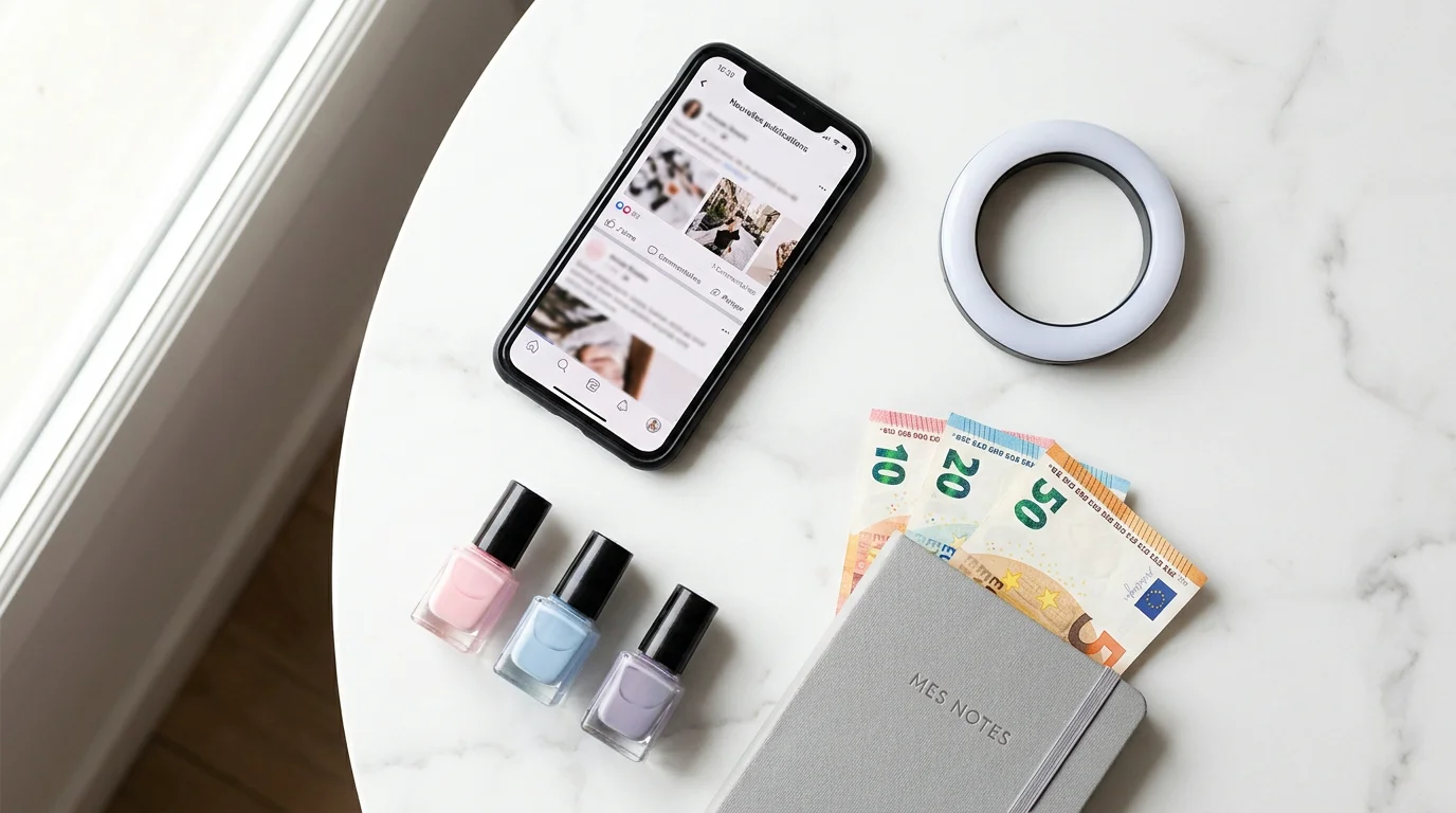 Flat lay éditorial montrant un smartphone, un ring light et des accessoires de pédicure pour la création de contenu pieds