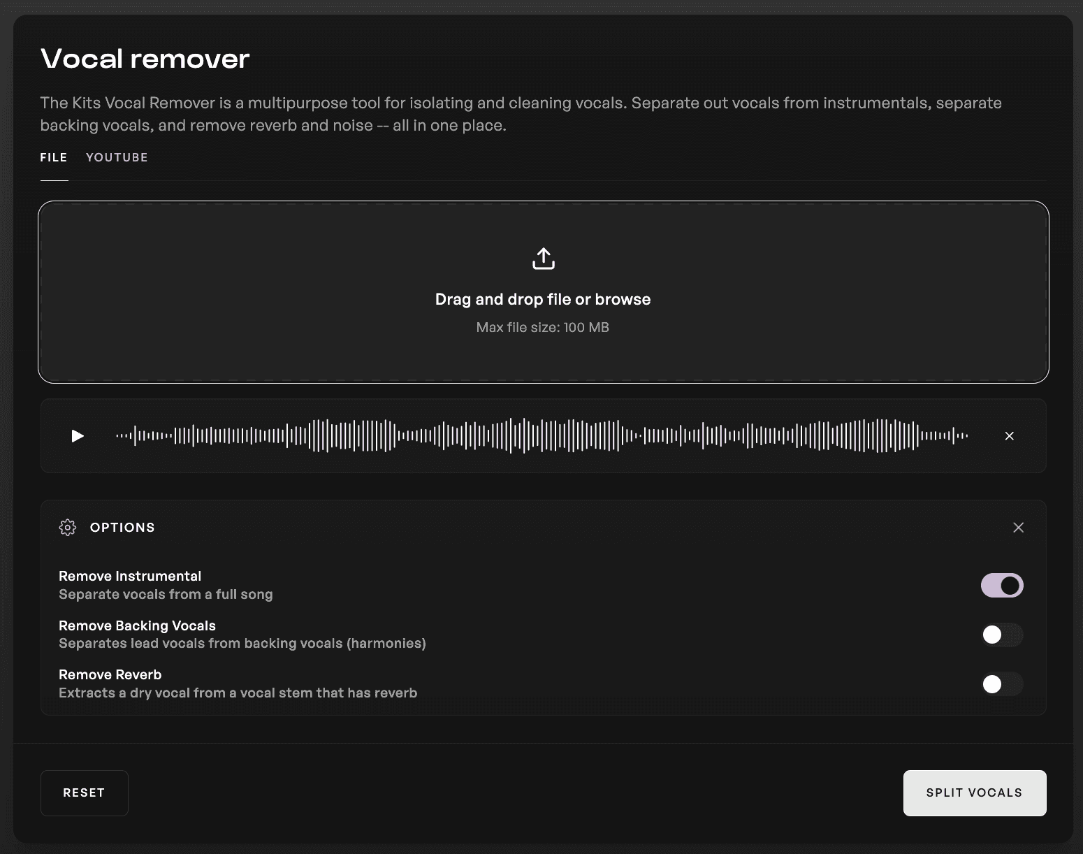 The vocal remover tool on Kits AI