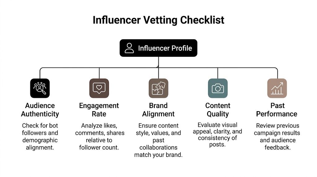 A flowchart titled Influencer Vetting Checklist detailing five key criteria for evaluating social media influencer profiles effectively.