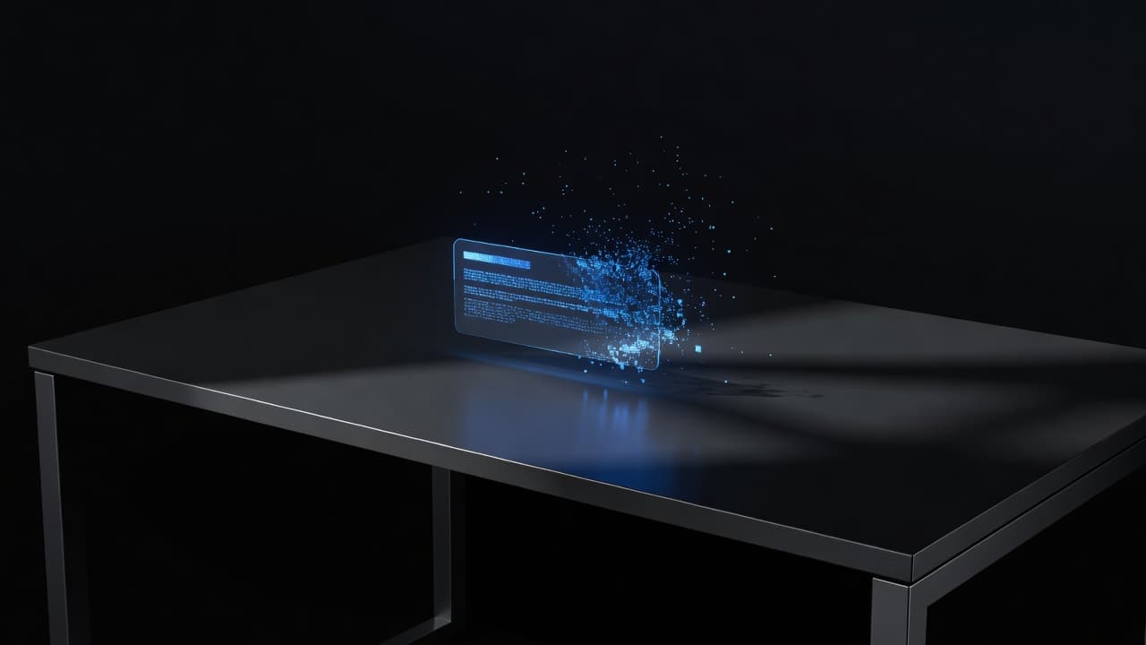 A glowing blue digital notification icon dissolves into particles above a sleek dark surface. The high-contrast lighting creates dramatic shadows while accentuating the clean edges of the professional workstation environment.