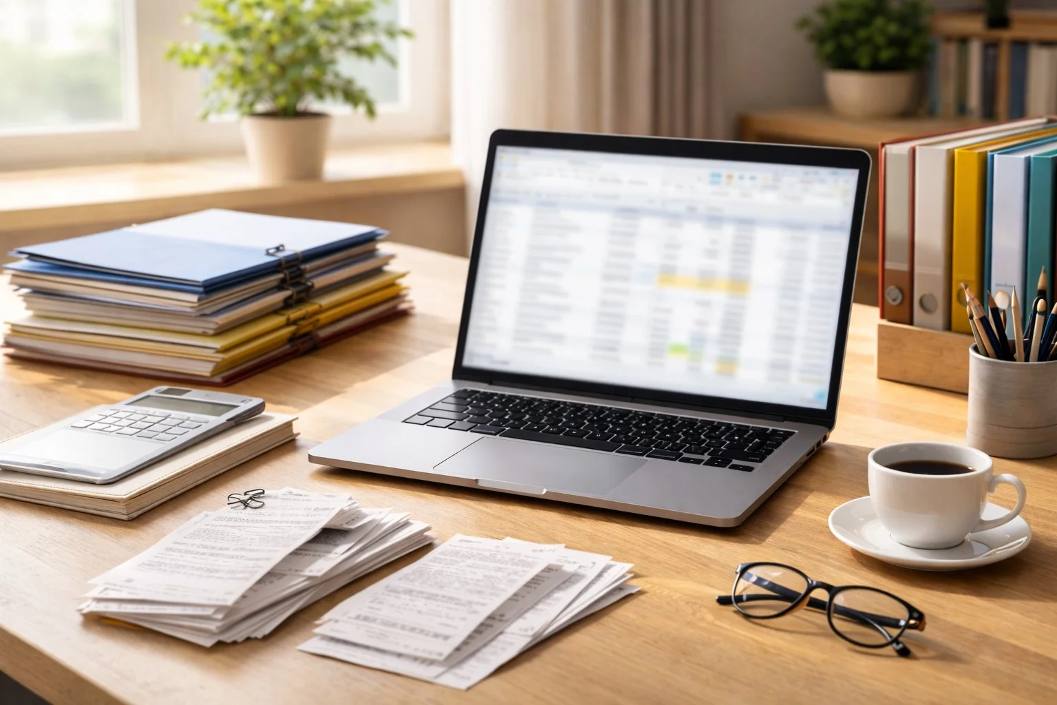 Clean office desk with neatly stacked folders, receipts, and a laptop displaying a spreadsheet.