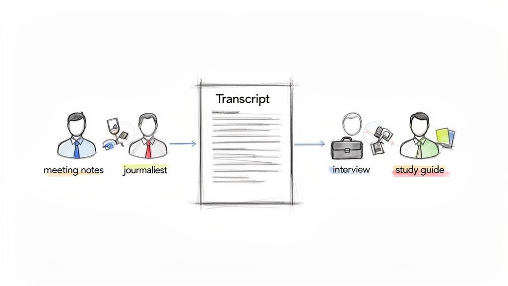 Diagram illustrating the journey of a transcript from meeting notes and journalists to interview and study guide.