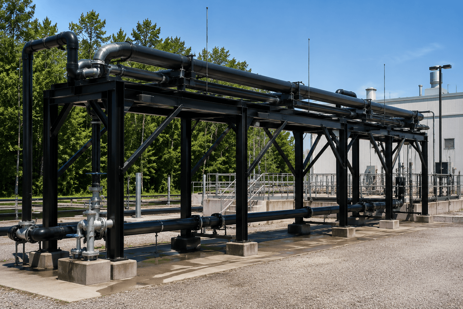 Freshly coated structural steel pipe rack and above ground utility piping