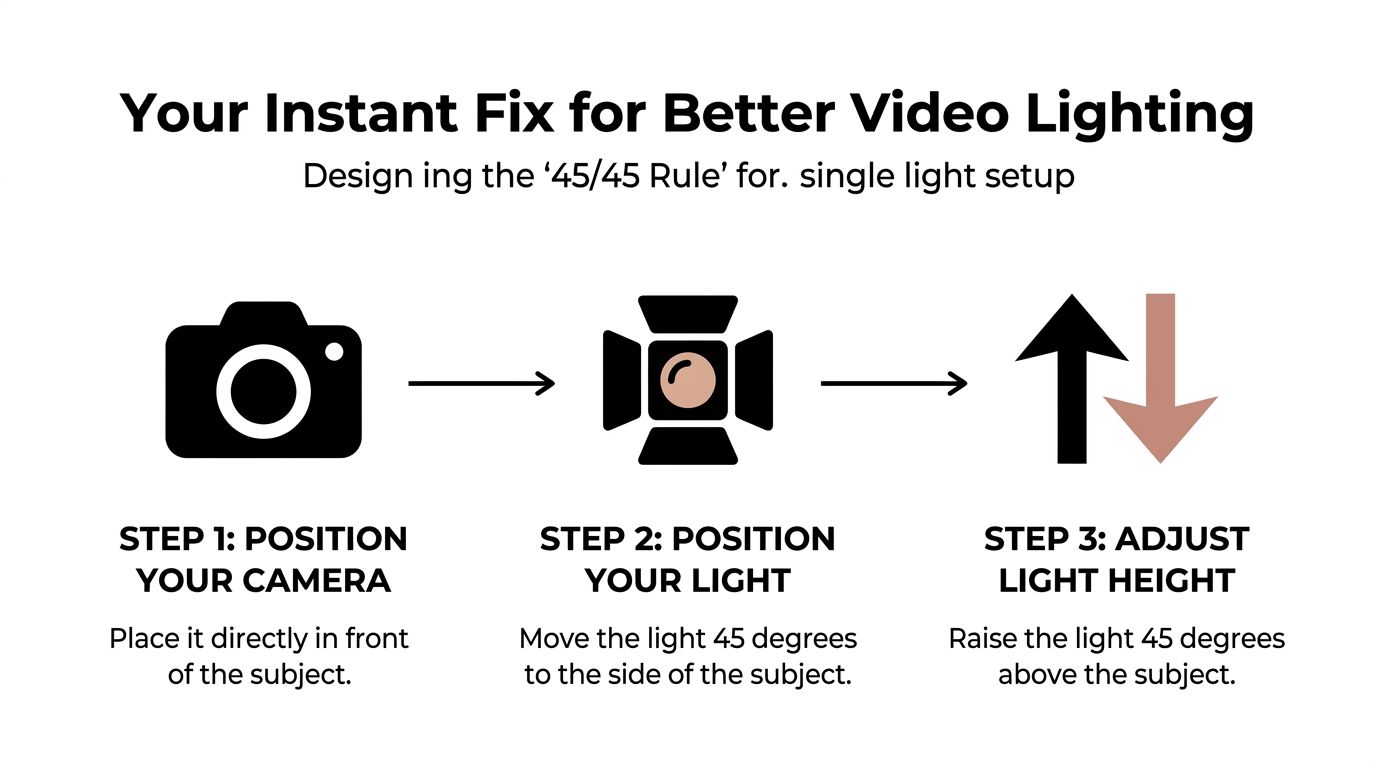 A simple infographic explaining the 45/45 lighting rule for video recording with camera and light positioning steps.