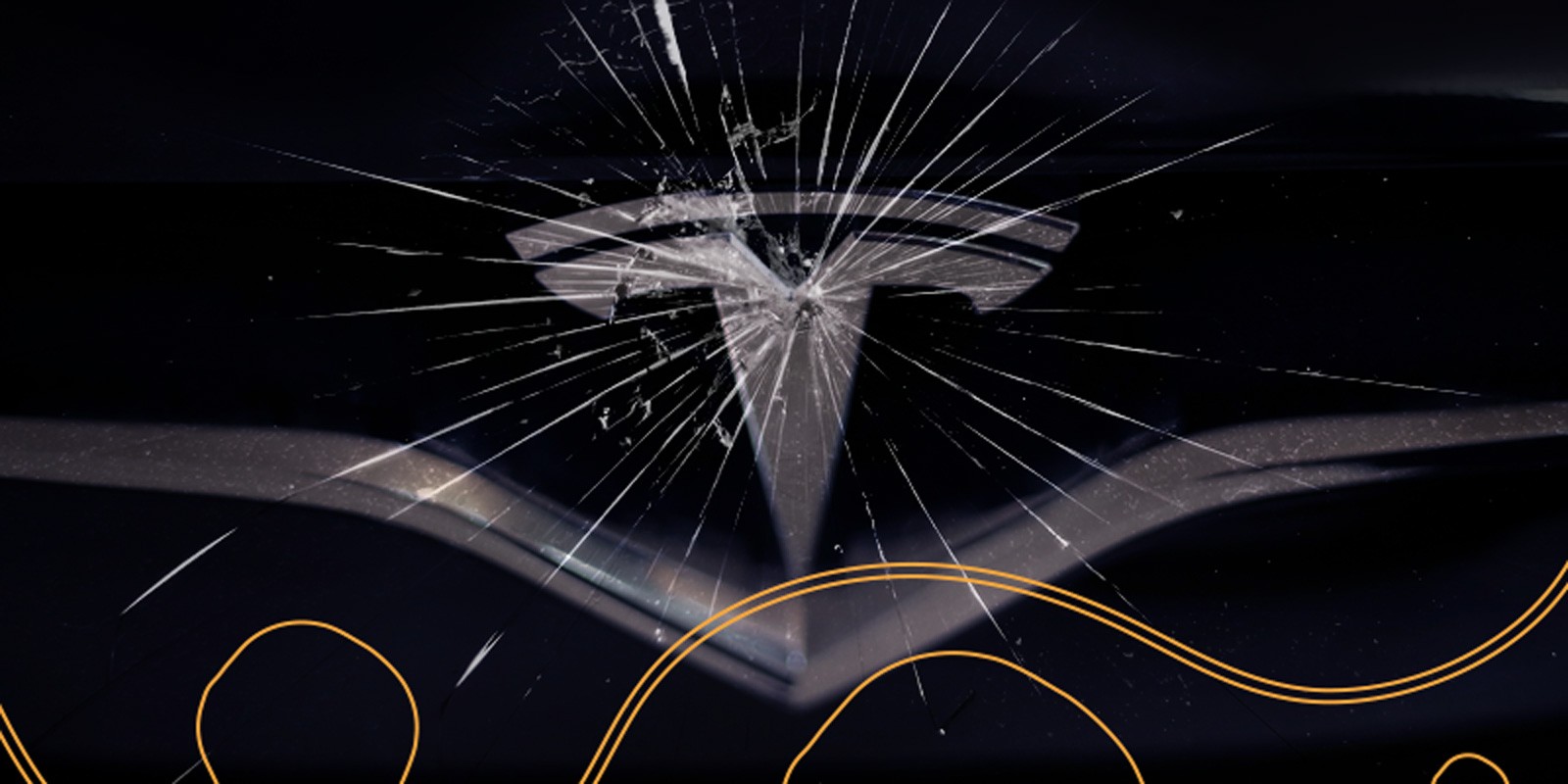 Tesla logo on a dark car hood with a prominent shattered glass effect, symbolizing investor concerns about Tesla’s vulnerability during a potential recession