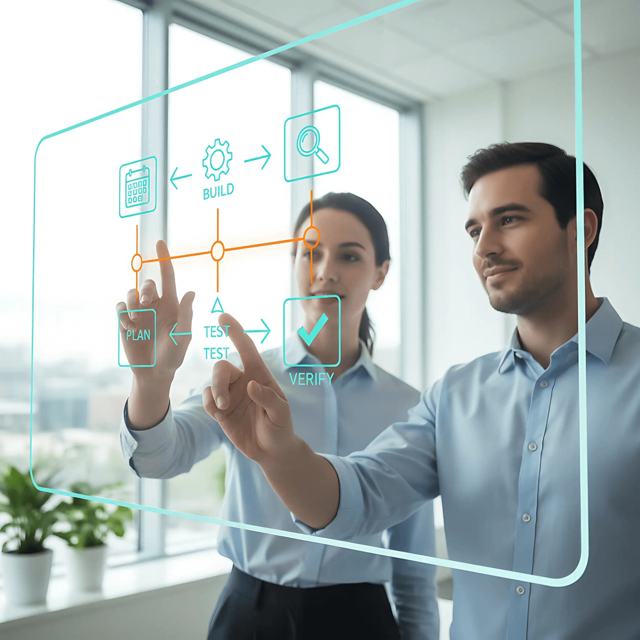 Man and woman, dressed in business attire brainstorming workflows on a touchscreen clear glass board. 