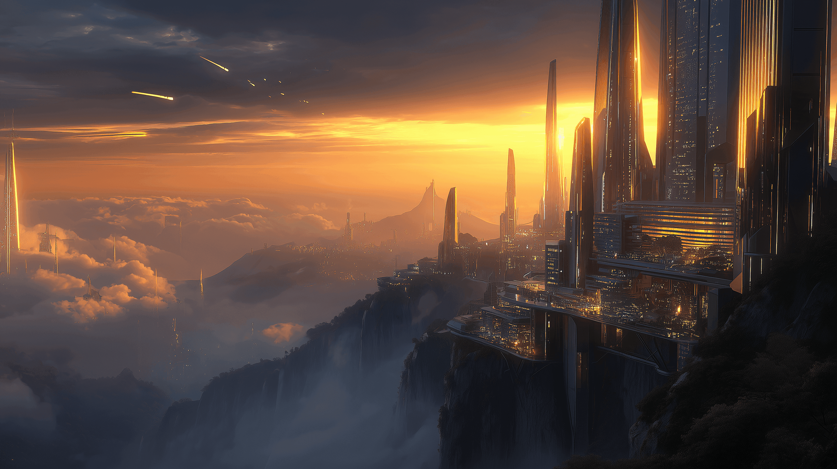 A stunning fantasy landscape features towering cliffs with ancient structures, illuminated by a warm sunset glow.