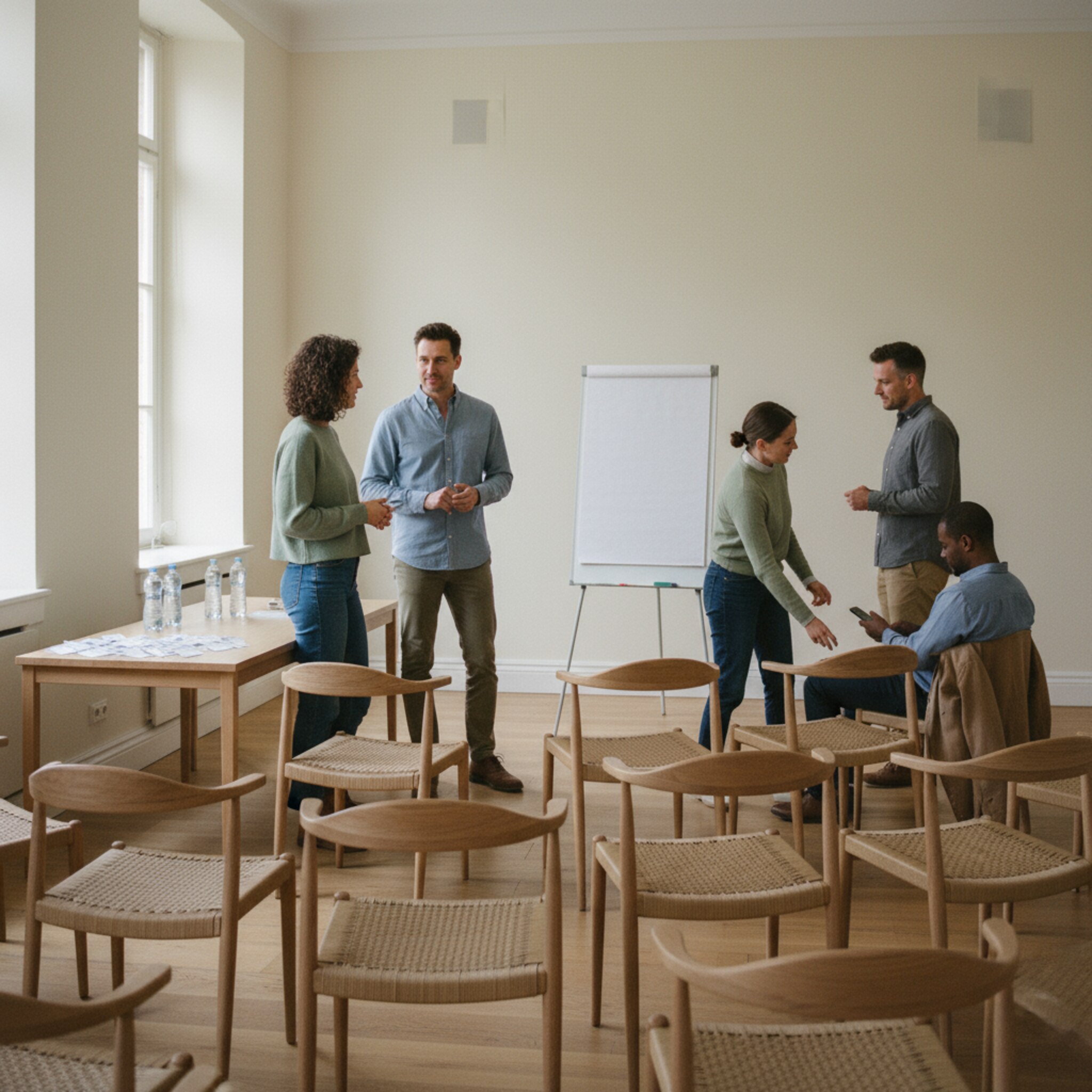 Ein heller Mehrzweckraum ist für einen Mitglieder-Workshop vorbereitet, Stuhlreihen in Halbkreisform. Auf einem Tisch liegen Namensschilder und Wasserflaschen, an der Wand hängt ein schlichtes Flipchart. Ein paar Teilnehmende unterhalten sich leise und suchen ihre Plätze. Die Atmosphäre ist konzentriert und freundlich.