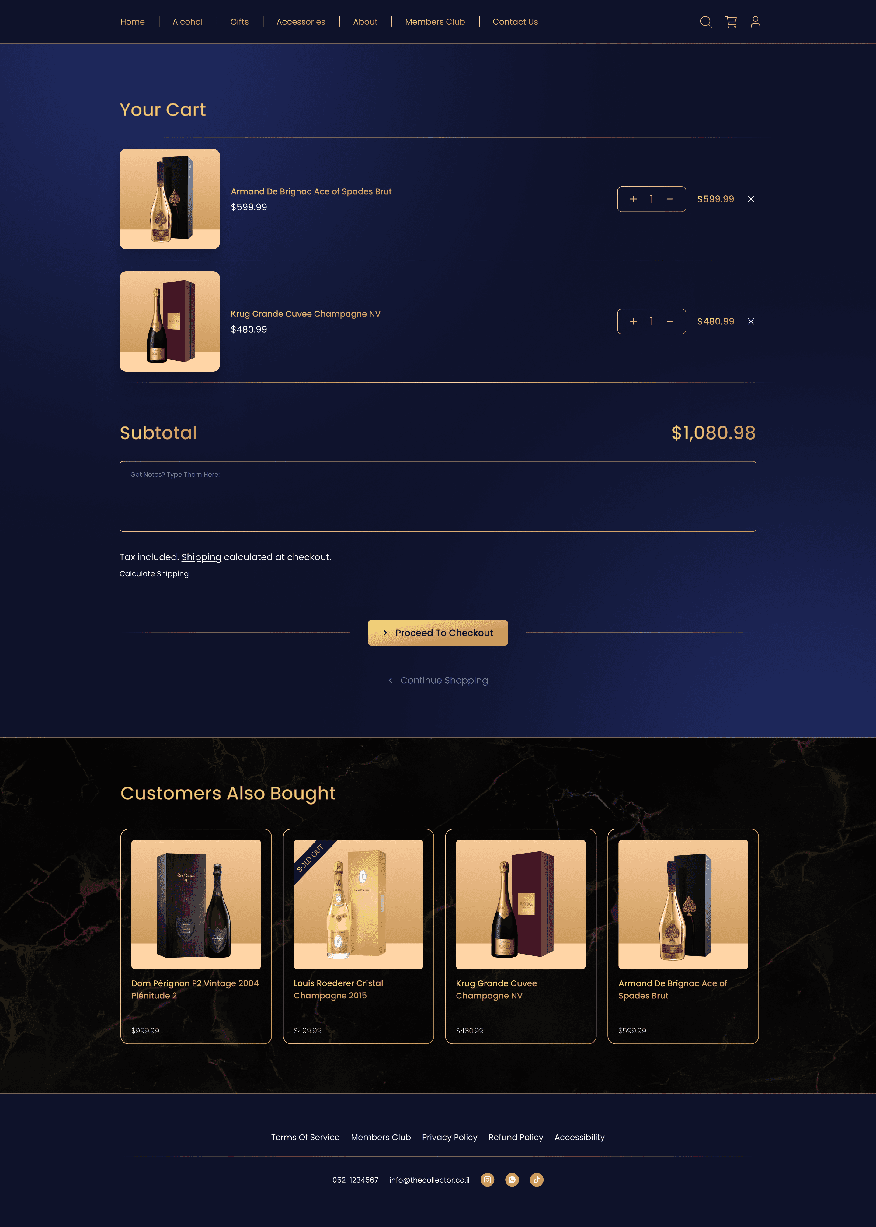 Luxury ecommerce shopping cart page featuring premium champagne products with elegant dark navy and gold branding.
