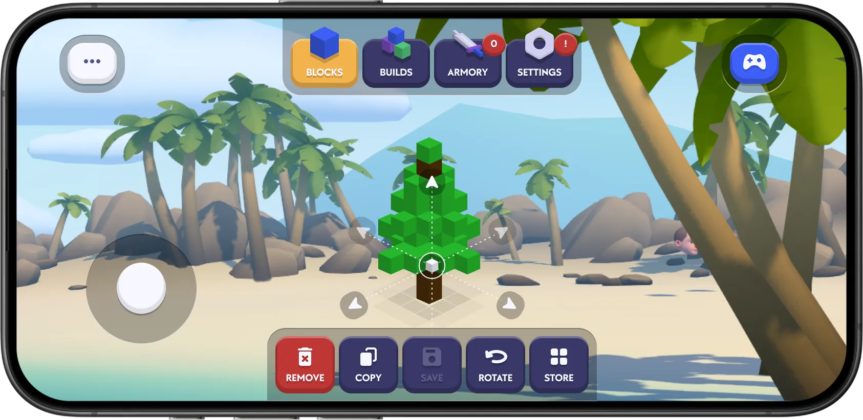 Chudo world editor showing a block-built fir tree selected in a beach environment, with controls to remove, copy, rotate, save, or store the asset.