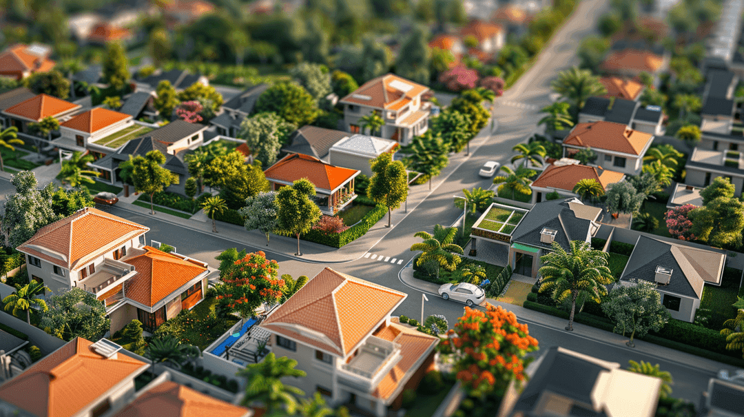 Tilt-shift aerial view of suburban neighborhood with orange-roofed houses and tree-lined streets