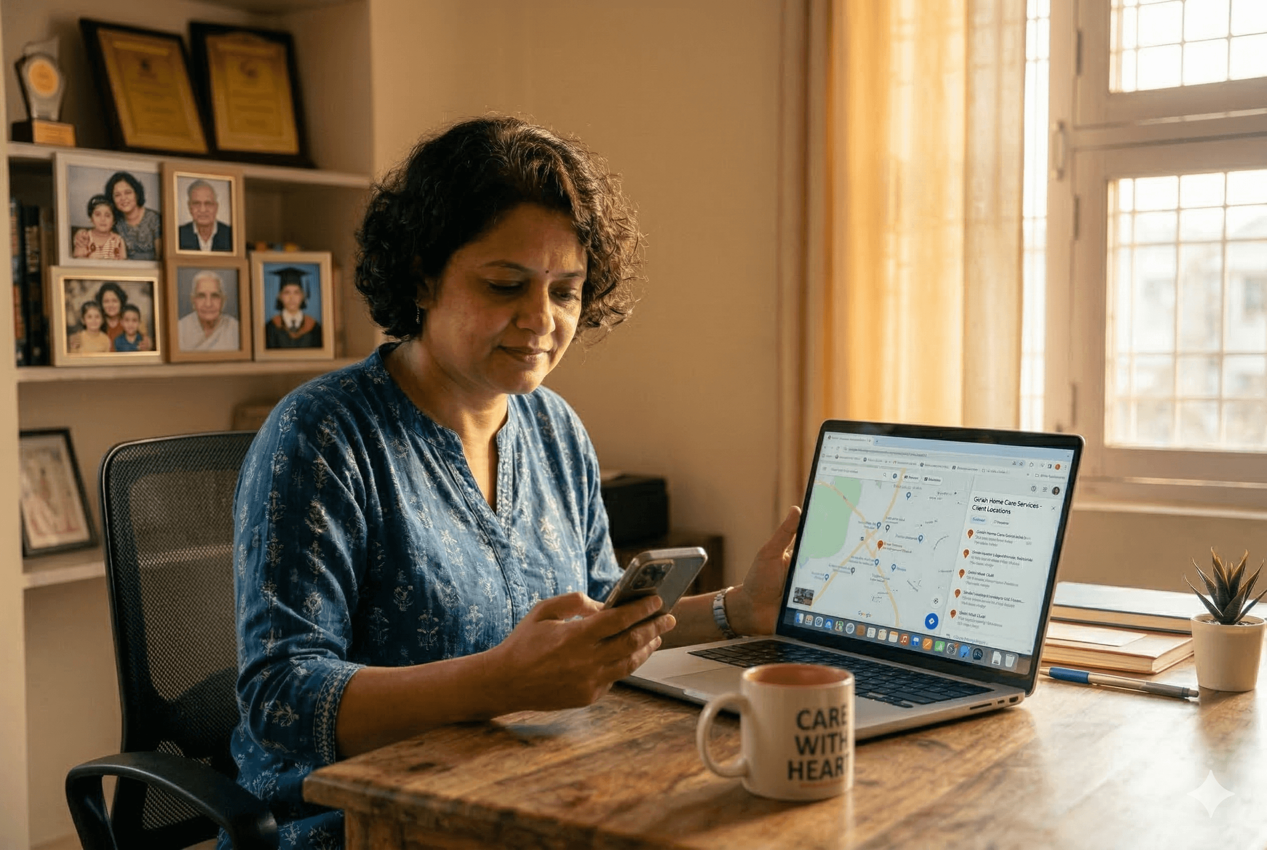 A home care agency owner in her early 40s sitting at a tidy desk in a small office, reviewing her phone with a warm, focused expression. A laptop is open nearby showing a map and business listing interface. Natural window light fills the room. A few family photos and a small plant are visible in the background, suggesting a personal, community-rooted business. Shot on Fujifilm X-T4, aspect ratio 3:2.