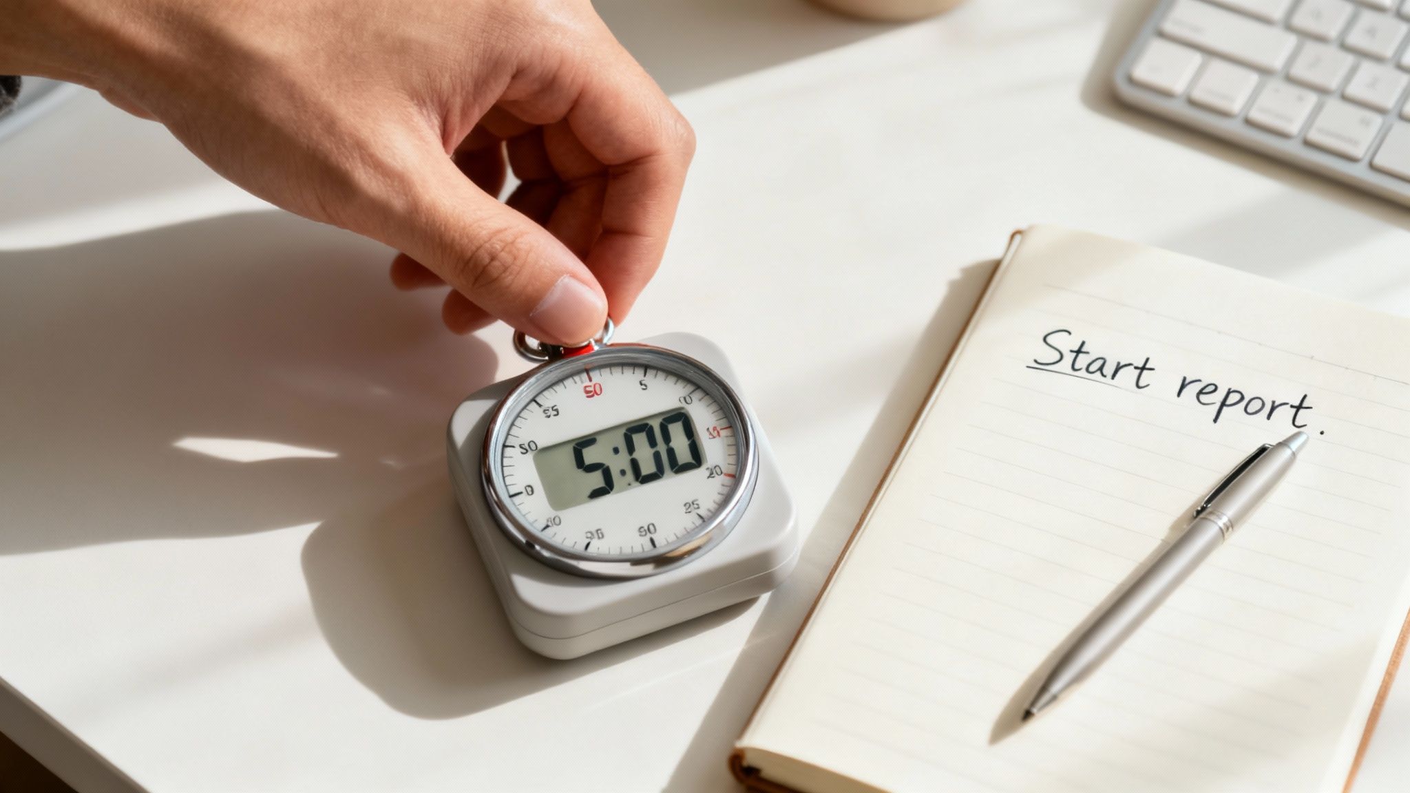 A person setting a five-minute timer on their phone to start a task.