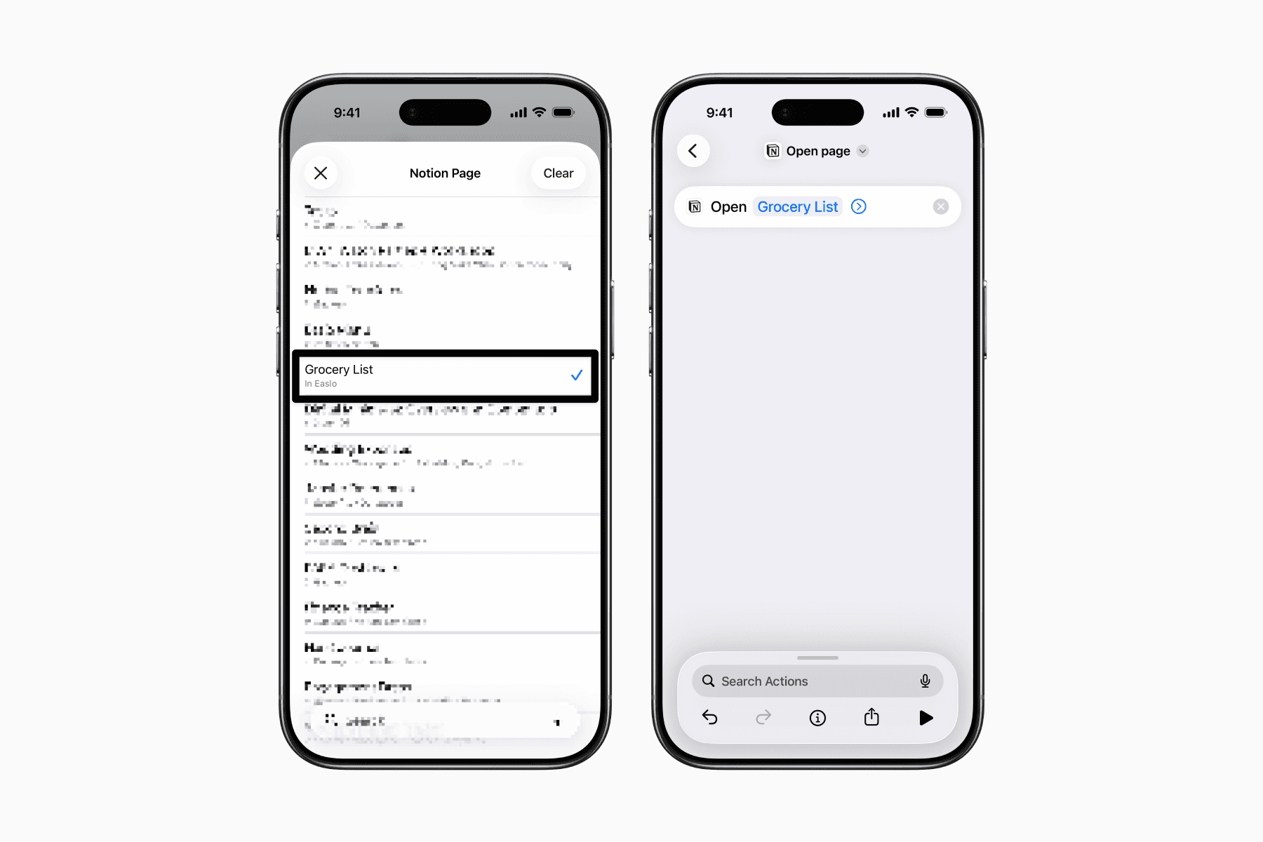 Choosing a Notion page for the Apple Shortcut action